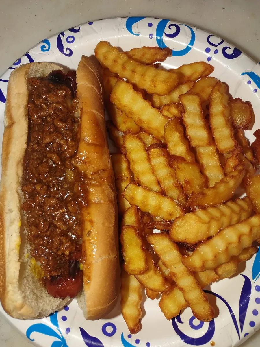 Chili dog and crinkle-cut fries combo plate